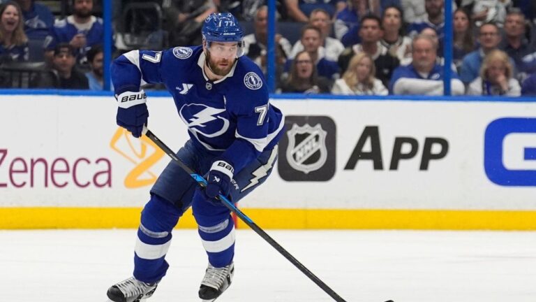 Tampa Bay Lightning defenceman Victor Hedman (77) skates with the puck during the second period against the Florida Panther in Game 5 of an NHL hockey Stanley Cup first-round playoff series, Wednesday, April 30, 2025, in Tampa, Fla. (Chris O'Meara/AP)