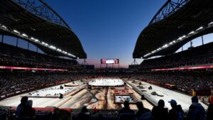 The Winnipeg Jets and Montreal Canadiens play during during first-period NHL Heritage Classic action in Winnipeg on Sunday, Oct. 25, 2026. (Fred Greenslade/THE CANADIAN PRESS)