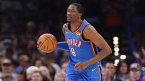 Oklahoma City Thunder guard Jalen Williams handles the ball during the first half of an NBA basketball game against the Denver Nuggets, Thursday, Oct. 22, 2026, in Oklahoma City. (Nate Billings/AP)