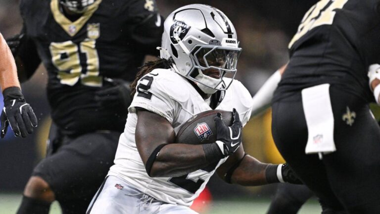 Las Vegas Raiders running back Ashton Jeanty (2) runs the ball during the first half of an NFL football game against the New Orleans Saints in New Orleans, Sunday, Sept. 27, 2026. (Ella Hall/AP)