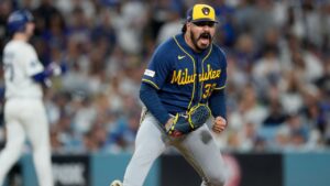 Milwaukee Brewers pitcher Jojo Romero celebrates an out during the sixth inning of Game 4 of baseball's National League Championship Series between the Milwaukee Brewers and the Los Angeles Dodgers, Thursday, Oct. 15, 2026, in Los Angeles. (Ashley Landis/AP)
