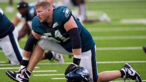 Philadelphia Eagles centre Cam Jurgens (51) stretches during practice at NFL football training camp at the team's training facility in Philadelphia, Monday, Aug. 3, 2026. (Chris Szagola/AP)