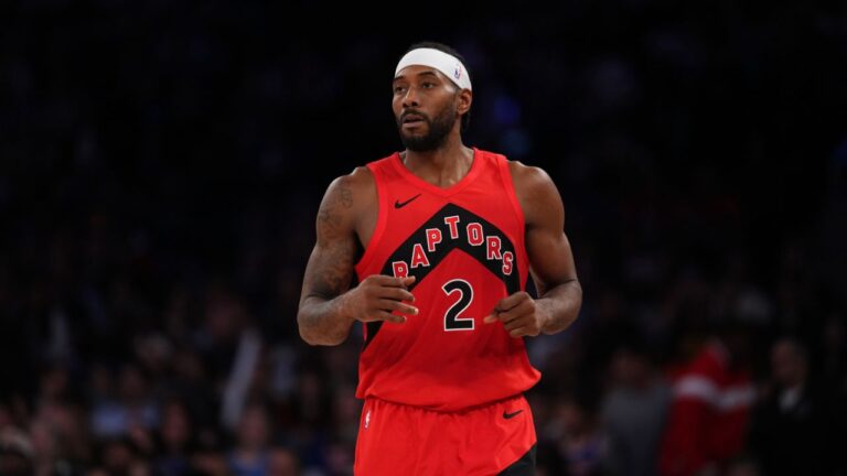 Toronto Raptors' Kawhi Leonard (2) during the first half of a pre-season NBA basketball game against the New York Knicks Thursday, Oct. 15, 2026, in New York. (Frank Franklin II/AP)