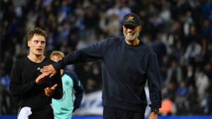 Germany's head coach Jurgen Klopp, right, talks with Florian Wirtz after the UEFA Nations League soccer match between Greece and Germany in Thessaloniki, northern Greece, Sunday, Oct. 4, 2026. (Giannis Papanikos/AP)