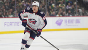 Columbus Blue Jackets left wing Matthew Knies (89) skates during the third period of an NHL hockey game against the Minnesota Wild, Sunday, Oct. 18, 2026, in St. Paul, Minn. (Abbie Parr/AP)