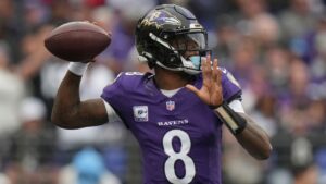 Baltimore Ravens quarterback Lamar Jackson (8) looks to throw a pass during the first half of an NFL football game in Baltimore, Sunday, Oct. 4, 2026. (Stephanie Scarbrough/AP)