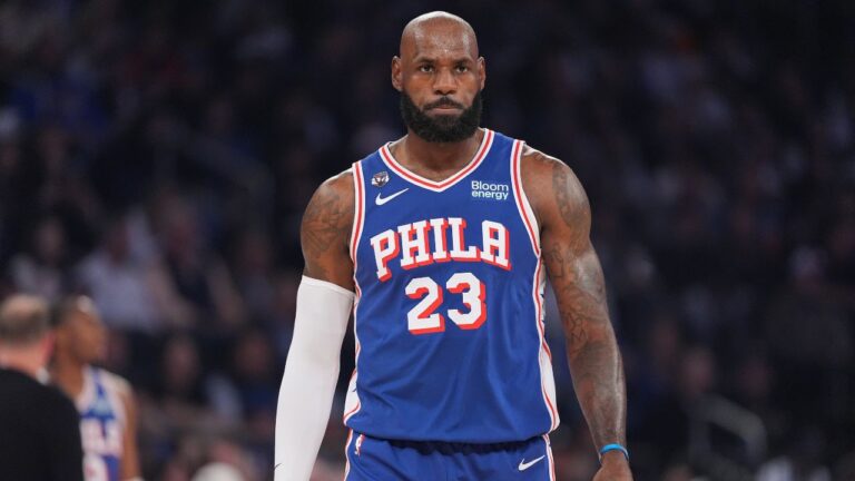 Philadelphia 76ers forward LeBron James looks on during the first half of an NBA basketball game against the New York Knicks Tuesday, Oct. 20, 2026, in New York. (Frank Franklin II/AP)