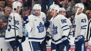 Toronto Maple Leafs centre Auston Matthews (34) celebrates his goal in the second period of an NHL hockey game against the Columbus Blue Jackets in Columbus, Ohio, Tuesday, October. 20, 2026. (Sue Ogrocki/AP)