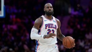 Philadelphia 76ers' LeBron James plays during a preseason NBA basketball game between the Philadelphia 76ers and the Boston Celtics Friday, Oct. 16, 2026, in Philadelphia. (Matt Slocum/AP)