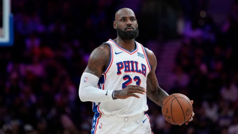 Philadelphia 76ers' LeBron James plays during a preseason NBA basketball game between the Philadelphia 76ers and the Boston Celtics Friday, Oct. 16, 2026, in Philadelphia. (Matt Slocum/AP)