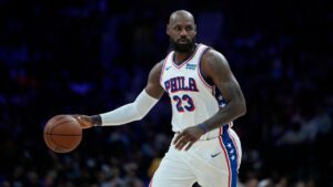 Philadelphia 76ers' LeBron James plays during a preseason NBA basketball game between the Philadelphia 76ers and the Boston Celtics Friday, Oct. 16, 2026, in Philadelphia. (Matt Slocum/AP)