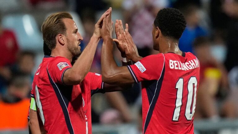 England's Harry Kane, left, and Jude Bellingham react after sixth goal during the Nations League soccer match between Croatia and England in Rijeka, Croatia, Saturday, Oct. 3, 2026. (Darko Bandic/AP)