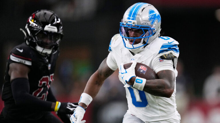 Detroit Lions running back Jahmyr Gibbs (0) runs the ball against the Arizona Cardinals during the first half of an NFL football game in Glendale, Ariz., Sunday, Oct. 11, 2026. (Ross D. Franklin/AP)