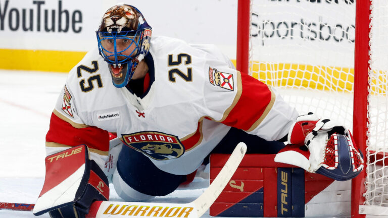 Florida Panthers goaltender Jacob Markstrom (25) watches the puck against the Carolina Hurricanes during the second period of an NHL hockey game in Raleigh, N.C., Tuesday, Sept. 29, 2026. (Karl DeBlaker/AP)