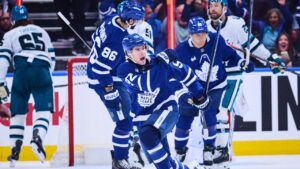 Toronto Maple Leafs' Gavin McKenna (92) celebrates after scoring against the San Jose Sharks during third period NHL hockey action in Toronto, on Monday, Oct. 19, 2026. (Sammy Kogan/CP)