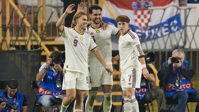 Spain's Mikel Merino, center, celebrates scoring his side's 2nd goal during a Nations League soccer match between Croatia and Spain in Split, Croatia, Tuesday, Oct. 6, 2026. (Darko Bandic/AP)