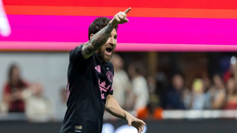 Inter Miami forward Lionel Messi reacts after a goal against Atlanta United during the first half of an MLS soccer match Saturday, Oct. 17, 2026, in Atlanta. (Vasha Hunt/AP Photo)