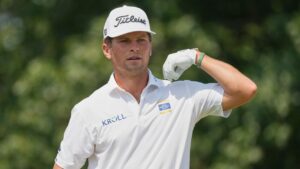 Michael Brennan prepares to hit from the fifth tee during the third round of the BMW Championship golf tournament Saturday, Aug. 22, 2026, in St. Louis. (Jeff Roberson/AP)