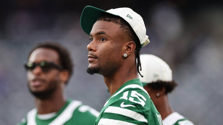 FILE - New York Jets wide receiver Adonai Mitchell (15) stands on the field before a preseason NFL football game against the New York Giants, Aug. 28, 2026, in East Rutherford, N.J. (Adam Hunger/AP)