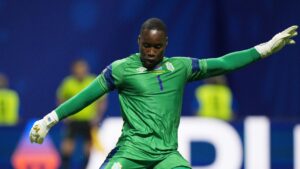Congo goalkeeper Lionel Mpasi (1) kicks the ball during the World Cup Group K soccer match between DR Congo and Uzbekistan in Atlanta, Saturday, June 27, 2026. (Jacob Kupferman/AP Photo)