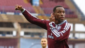 Aston Villa's Nicolas Jackson celebrates after scoring his side's opening goal during the English Premier League soccer match between Aston Villa and Manchester City in Birmingham, England, Saturday, Oct. 24, 2026. (Morgan Harlow/AP)
