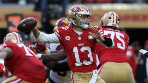 San Francisco 49ers quarterback Brock Purdy (13) passes against the Washington Commanders during the first half of an NFL football game in Santa Clara, Calif., Monday, Oct. 19, 2026. (Jed Jacobsohn/AP Photo)