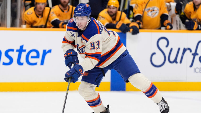 Edmonton Oilers center Ryan Nugent-Hopkins (93) plays during the first period of an NHL hockey game against the Nashville Predators, Tuesday, Jan. 13, 2026, in Nashville, Tenn. (George Walker IV/AP)