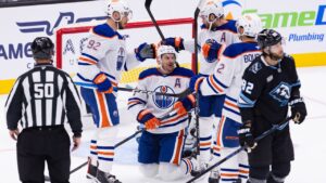 The Edmonton Oilers celebrate the goal by left wing Zach Hyman (18) during the first period of an NHL hockey game against the Utah Mammoth Saturday, Oct. 17, 2026, in Salt Lake City. (Melissa Majchrzak/AP Photo)