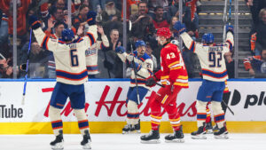 Edmonton Oilers' Mathieu Joseph (21) celebrates a goal against the Calgary Flames during first period NHL hockey action in Edmonton on Wednesday, Oct. 28, 2026. (Codie McLachlan/CP)