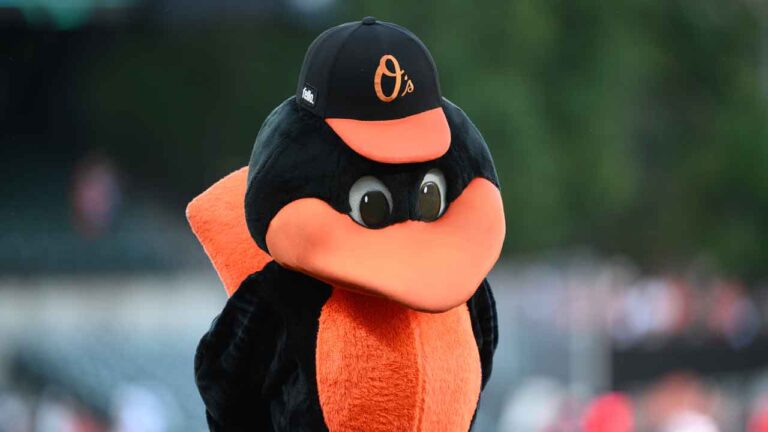 The Baltimore Orioles mascot, The Oriole Bird, before a baseball game between the Orioles and the Cleveland Guardians. (Nick Wass/AP)