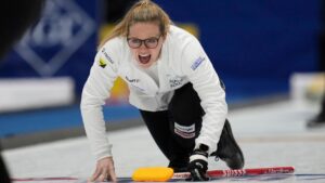 Switzerland's Alina Paetz calls the sweep during the gold medal match against Canada at the World Women's Curling Championship in Uijeongbu, South Korea, Sunday, March 23, 2025. (Lee Jin-man/AP Photo)