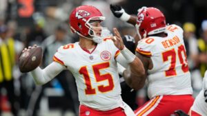 Kansas City Chiefs quarterback Patrick Mahomes (15) looks to pass during the first half of an NFL football game against the Las Vegas Raiders in Las Vegas, Sunday, Oct. 4, 2026. (John Locher/AP)