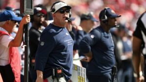 Denver Broncos head coach Sean Payton, foreground, stands on the sideline near defensive coordinator Vance Joseph, right, during the first half of an NFL football game against the San Francisco 49ers in Santa Clara, Calif., Sunday, Oct. 4, 2026. (Justine Willard/AP)