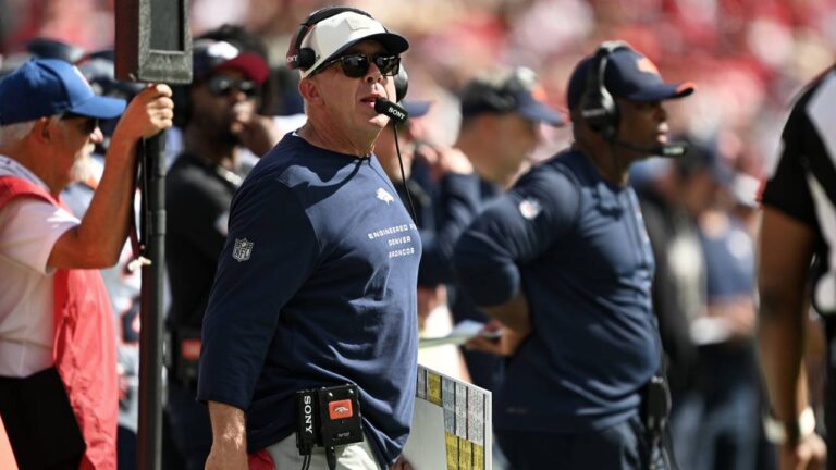 Denver Broncos head coach Sean Payton, foreground, stands on the sideline near defensive coordinator Vance Joseph, right, during the first half of an NFL football game against the San Francisco 49ers in Santa Clara, Calif., Sunday, Oct. 4, 2026. (Justine Willard/AP)