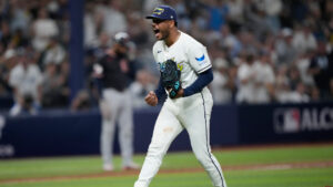 Tampa Bay Rays pitcher Freddy Peralta celebrates the end of the top of the fourth inning against the Cleveland Guardians in Game 6 of an American League Championship Series baseball game in St. Petersburg, Fla. Monday, Oct. 19, 2026. (David J. Phillip/AP)