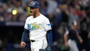 Tampa Bay Rays pitcher Freddy Peralta celebrates a strike out against the Cleveland Guardians during the third inning in Game 6 of an American League Championship Series baseball game in St. Petersburg, Fla. Monday, Oct. 19, 2026. (David J. Phillip/AP)
