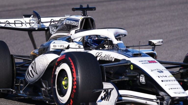 Cadillac driver Sergio Perez of Mexico steers his car into a turn during the second practice session for the Formula One United States Grand Prix auto race at Circuit of the Americas in Austin, Texas, Friday, Oct. 23, 2026. (Eric Gay/AP)