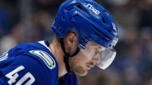 Vancouver Canucks' Elias Pettersson (40) waits for a faceoff against the Carolina Hurricanes during the second period of an NHL hockey game in Vancouver on Tuesday, Oct. 20, 2026. (Ethan Cairns/THE CANADIAN PRESS)