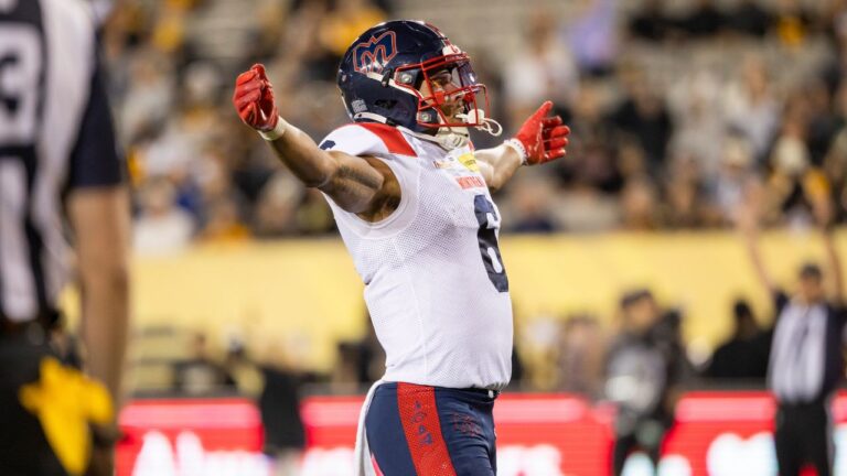 Montreal Alouettes' Tyson Philpot (6) celebrates a touchdown during first half CFL football action against the Hamilton Tiger-Cats in Hamilton on Friday, Sept. 18, 2026. (Nick Iwanyshyn/CP)