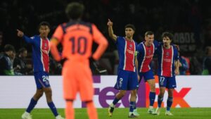 PSG's Fabian Ruiz, second right, celebrates after scoring his side's fourth goal during the Champions League opening phase soccer match between Paris Saint-Germain and FC Barcelona in Paris, Tuesday, Oct. 20, 2026. (Thibault Camus/AP)