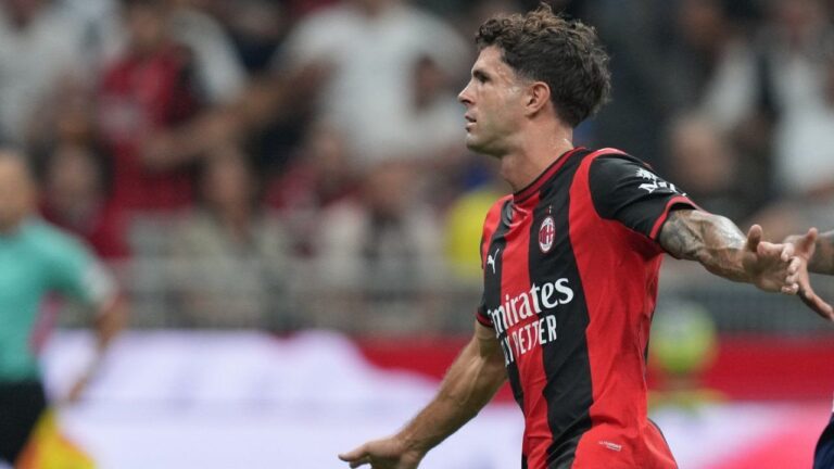 AC Milan's Christian Pulisic celebrates after scoring his side's opening goal during the Serie A soccer match between AC Milan and Lecce, in Milan, Italy, Sunday, Sept. 20, 2026. (Antonio Calanni/AP)