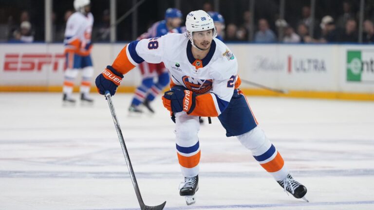 New York Islanders' Alexander Romanov (28) during the second period of an NHL hockey game against the New York Rangers Tuesday, Oct. 6, 2026, in New York. (Frank Franklin II/AP)