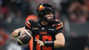 B.C. Lions quarterback Nathan Rourke passes during the first half of a CFL football game against the Montreal Alouettes, in Vancouver, on Saturday, Sept. 12, 2026. (Darryl Dyck/THE CANADIAN PRESS)