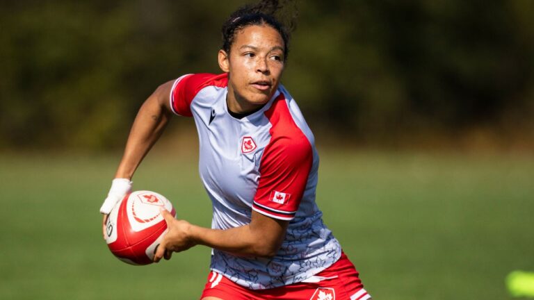 Canada’s national women’s rugby team member Asia Hogan-Rochester takes part in a drill during a training session in Burlington, Ont., on Tuesday, Oct. 13, 2026. (Nick Iwanyshyn/THE CANADIAN PRESS)