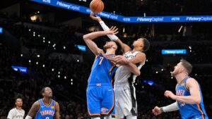 San Antonio Spurs centre Victor Wembanyama shoots against Oklahoma City Thunder centre Chet Holmgren (7) during the first half of an NBA basketball game, Tuesday, Oct. 20, 2026, in San Antonio. (Darren Abate/AP)