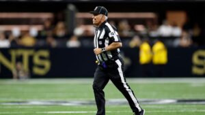  Line judge Jeff Seeman (45) works during an NFL preseason football game between the New Orleans Saints and the Jacksonville Jaguars in New Orleans, Aug. 15, 2026. (Tyler Kaufman/AP Photo, File)