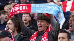 Liverpool fans cheer at the stand prior to the English Premier League soccer match between Liverpool and Manchester City in Liverpool, England, Sunday, Oct. 11, 2026. (Jon Super/AP)
