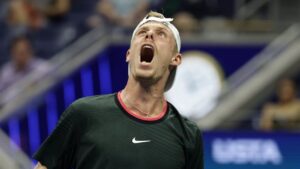 Denis Shapovalov, of Canada, celebrates after a point against Ben Shelton, of the United States, during the third round of the U.S. Open tennis championships, Friday, Sept. 4, 2026, in New York. (Adam Hunger/AP)