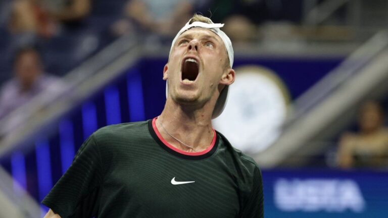 Denis Shapovalov, of Canada, celebrates after a point against Ben Shelton, of the United States, during the third round of the U.S. Open tennis championships, Friday, Sept. 4, 2026, in New York. (Adam Hunger/AP)