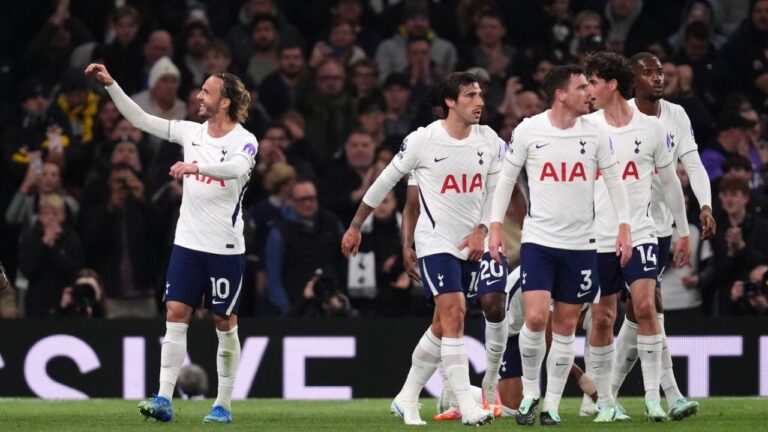 Tottenham Hotspur's James Maddison, left, celebrates scoring during the English Premier League soccer match between Tottenham Hotspur and Coventry City in London, Monday Oct. 19, 2026. (John Walton/PA via AP)